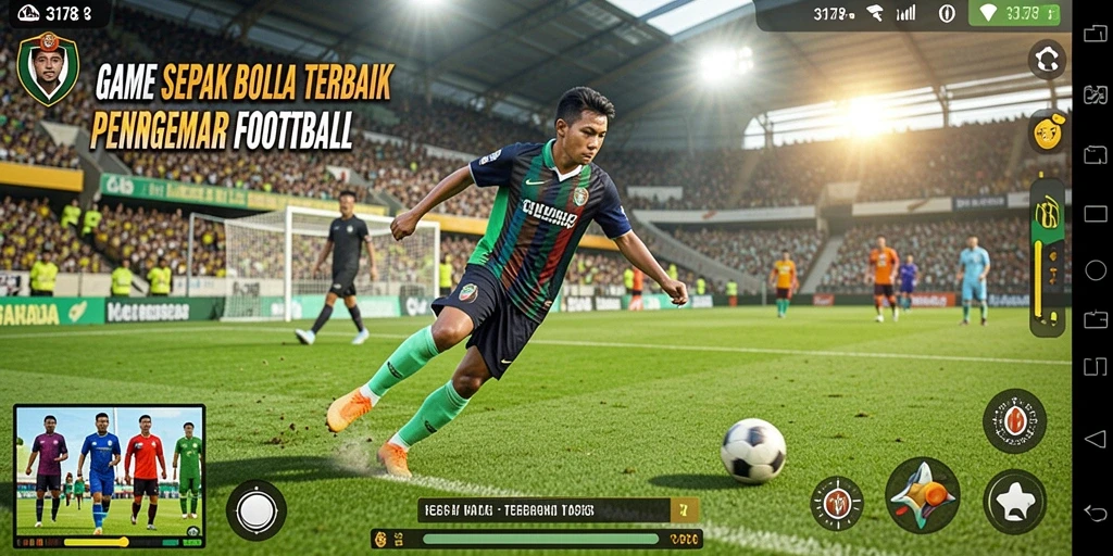 Tampilan gameplay yang mendebarkan dalam game sepak bola.