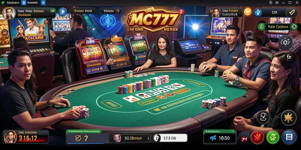 Tampilan gameplay interaktif MC777 dalam suasana kasino langsung.
