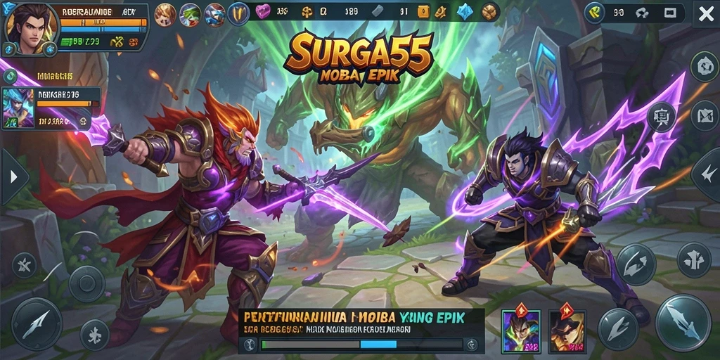 Screenshot utama SURGA55 menunjukkan aksi pertarungan seru dalam MOBA.